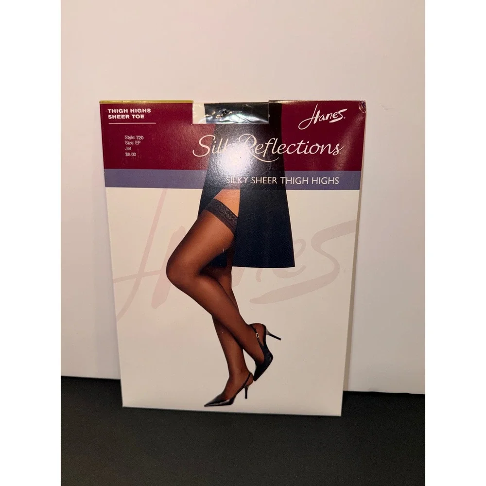 Hanes Silk Reflections Silky Sheer Thigh Highs Jet Black Sheer Toe Style 720 EF